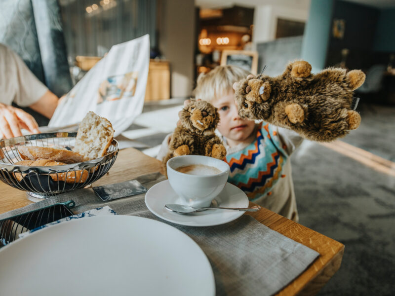 Boy playing with stuffed animals